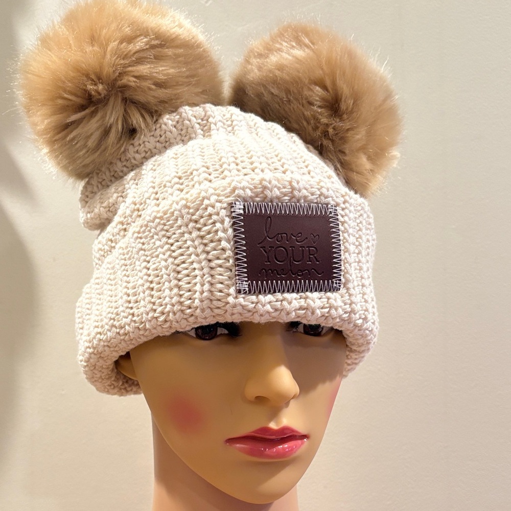 Love Your Melon New Without Tag Cream Pom Beanie with Double Faux Fur Poms